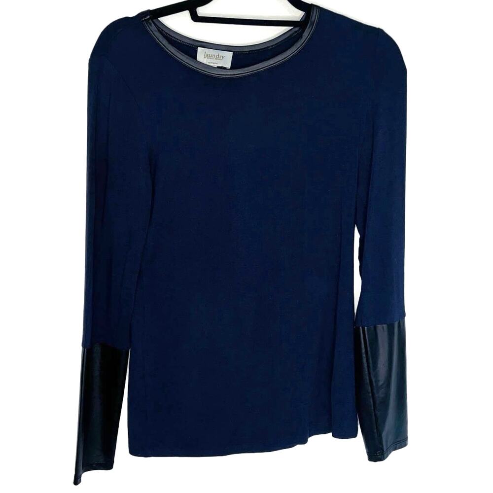 Laundry Long Sleeve Top Stretch Blouse Faux Leather Trim & Cuffs Size Small Navy